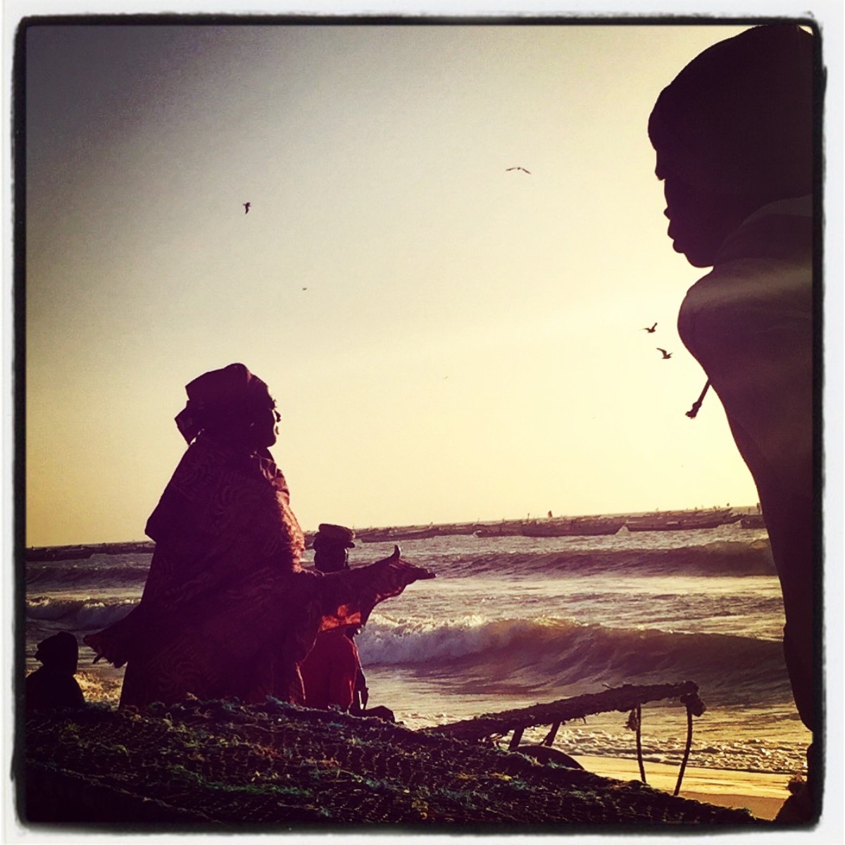 Une Mère Courage tend les mains vers l'horizon chimérique sur le rivage de Nouakchott au crépuscule, à l'heure où les hommes partent en mer, oiseaux dans le ciel, homme sur la droite et sa charrette #Off2Africa 17 Nouadhibou Nouakchott Mauritanie © Gilles Denizot 2016