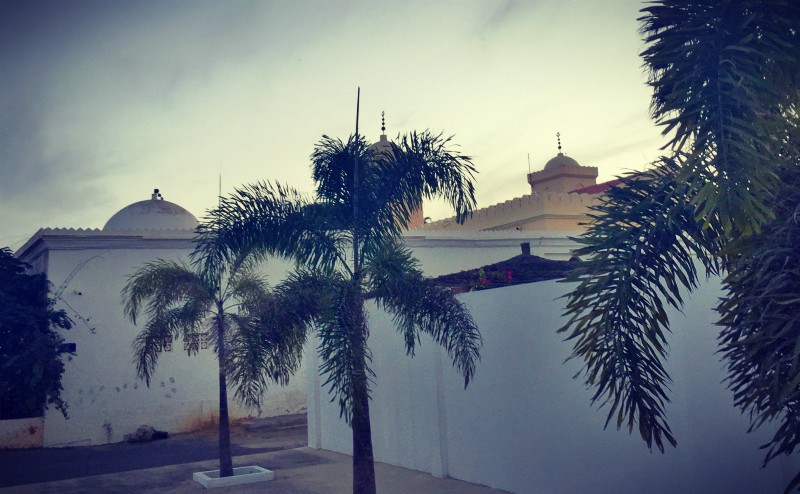 Palmiers au coin d'une rue. Derrière des murs blancs, une mosquée et des bâtiments jaunes #Off2Africa 22 Saint-Louis Sénégal © Gilles Denizot 2016