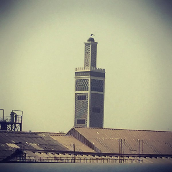 Minaret de la grande mosquée derrière des toits marrons #Off2Africa 35 Dakar Sénégal © Gilles Denizot 2016