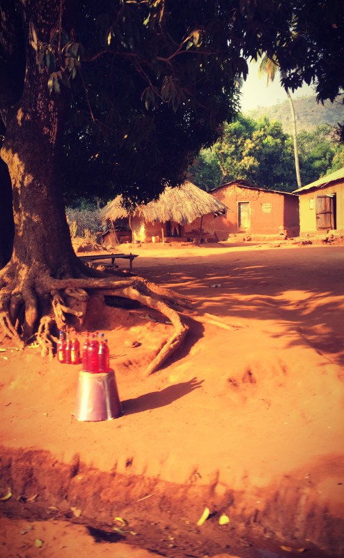Des bouteilles au contenu rouge au bord de la route #Off2Africa 61 Kindia Guinée © Gilles Denizot 2017