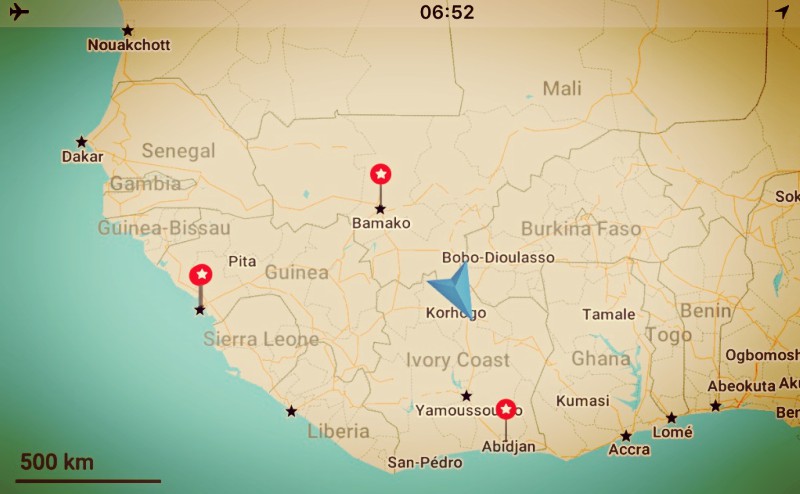 Détail de la carte de l'Afrique de l'Ouest, avec Conakry, Bamakan et Abidjan indiqués par une étoile #Off2Africa 88 Sikasso Mali © Gilles Denizot 2017
