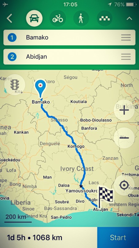 Trajet sur une carte entre Bamako et Abidjan, 1068 km et 1 jour 5 heures de voyage #Off2Africa 88 Sikasso Mali © Gilles Denizot 2017