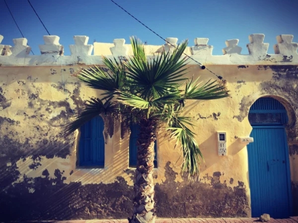 Un palmier devant un bâtiment à la façade vieillie #Off2Africa 10 Tarfaya Maroc © Gilles Denizot 2016